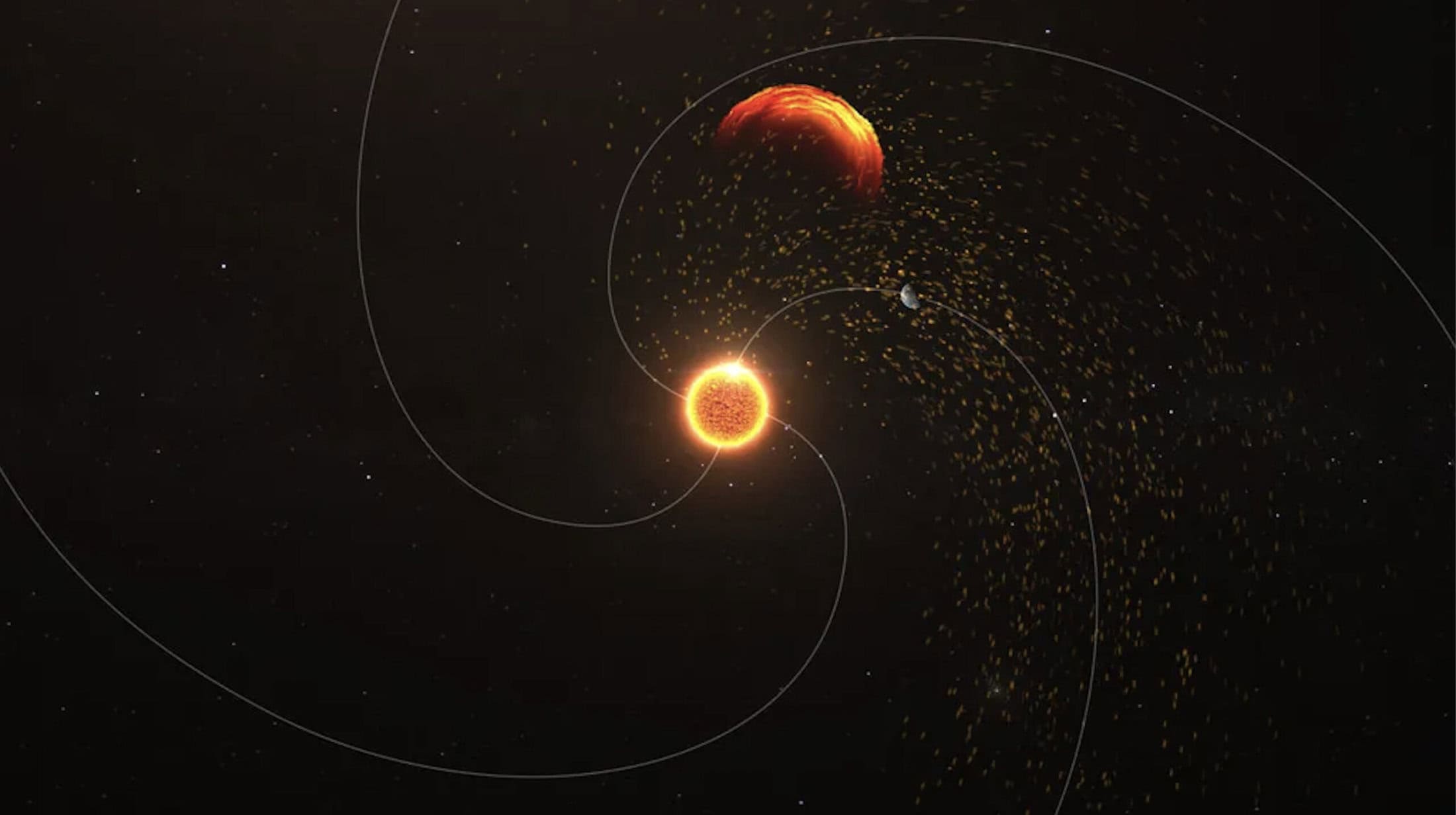 A solar eruption can generate solar energetic particles, with speeds nearly reaching the speed of light, that follow the spiral shape of the solar wind’s magnetic fields into interplanetary space. Courtesy of NASA.